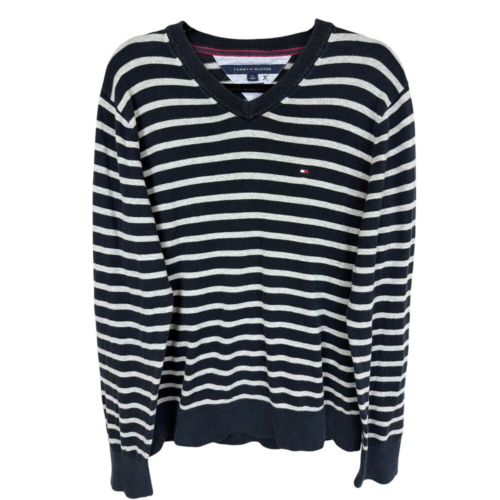 Tommy Hilfiger Black And Gray Striped V Neck Long Sleeve Top Size M
